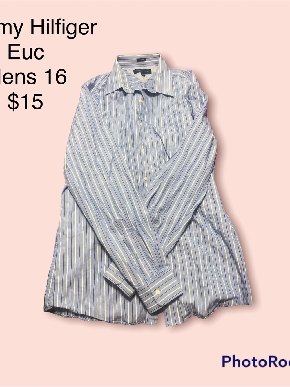 Tommy Hilfiger Men's Blue and White Striped Dress Shirt